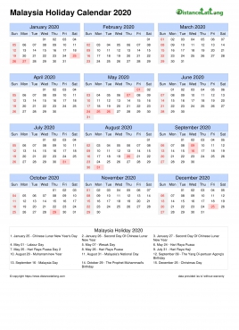 Calendar Horizintal Month Week Grid Sun Sat Holiday Malaysia Portrait 2020
