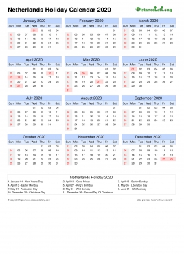 Calendar Horizintal Month Week Grid Sun Sat Holiday Netherlands Portrait 2020