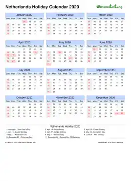 Calendar Horizintal Month Week Grid Sun Sat Holiday Netherlands Portrait 2020
