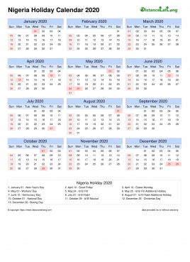 Calendar Horizintal Month Week Grid Sun Sat Holiday Nigeria Portrait 2020