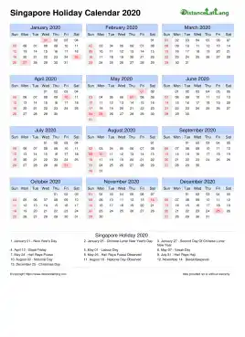 Calendar Horizintal Month Week Grid Sun Sat Holiday Singapore Portrait 2020
