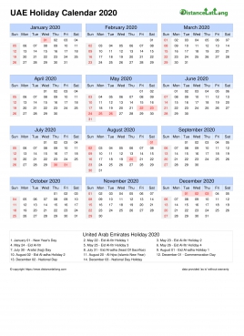 Calendar Horizintal Month Week Grid Sun Sat Holiday Uae Portrait 2020