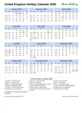 Calendar Horizintal Month Week Grid Sun Sat Holiday Uk Portrait 2020