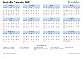 Calendar Horizintal Month Week Grid Sun Sat National Holiday Australia Landscape 2021