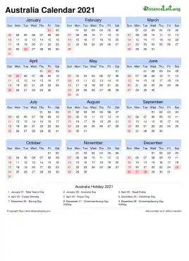 Calendar Horizintal Month Week Grid Sun Sat National Holiday Australia Portrait 2021