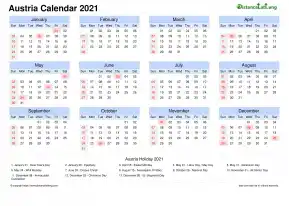 Calendar Horizintal Month Week Grid Sun Sat National Holiday Austria Landscape 2021