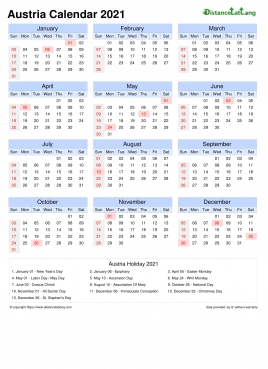 Calendar Horizintal Month Week Grid Sun Sat National Holiday Austria Portrait 2021