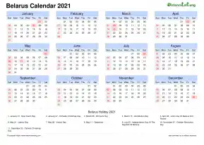 Calendar Horizintal Month Week Grid Sun Sat National Holiday Belarus Landscape 2021