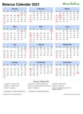Calendar Horizintal Month Week Grid Sun Sat National Holiday Belarus Portrait 2021
