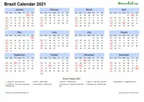 Calendar Horizintal Month Week Grid Sun Sat National Holiday Brazil Landscape 2021