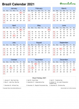 Calendar Horizintal Month Week Grid Sun Sat National Holiday Brazil Portrait 2021