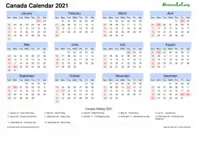 Calendar Horizintal Month Week Grid Sun Sat National Holiday Canada Landscape 2021