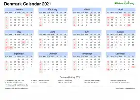Calendar Horizintal Month Week Grid Sun Sat National Holiday Denmark Landscape 2021