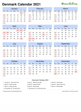 Calendar Horizintal Month Week Grid Sun Sat National Holiday Denmark Portrait 2021