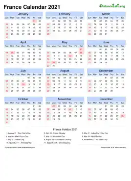 Calendar Horizintal Month Week Grid Sun Sat National Holiday France Portrait 2021