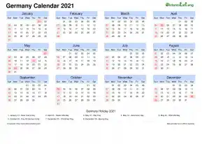 Calendar Horizintal Month Week Grid Sun Sat National Holiday Germany Landscape 2021