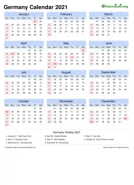 Calendar Horizintal Month Week Grid Sun Sat National Holiday Germany Portrait 2021