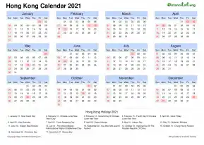 Calendar Horizintal Month Week Grid Sun Sat National Holiday Hong Kong Landscape 2021