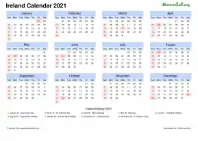Calendar Horizintal Month Week Grid Sun Sat National Holiday Ireland Landscape 2021