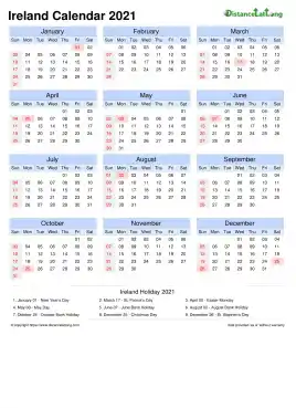 Calendar Horizintal Month Week Grid Sun Sat National Holiday Ireland Portrait 2021