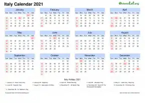 Calendar Horizintal Month Week Grid Sun Sat National Holiday Italy Landscape 2021
