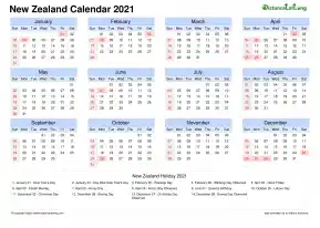Calendar Horizintal Month Week Grid Sun Sat National Holiday New Zealand Landscape 2021