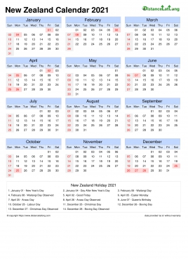 Calendar Horizintal Month Week Grid Sun Sat National Holiday New Zealand Portrait 2021