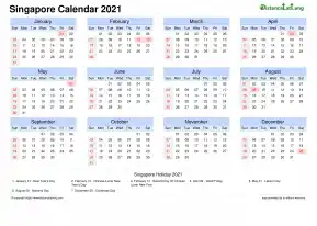 Calendar Horizintal Month Week Grid Sun Sat National Holiday Singapore Landscape 2021