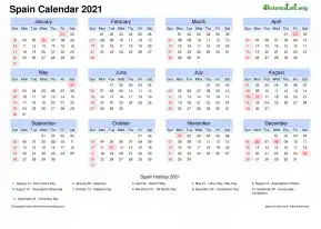 Calendar Horizintal Month Week Grid Sun Sat National Holiday Spain Landscape 2021