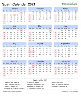 Calendar Horizintal Month Week Grid Sun Sat National Holiday Spain Portrait 2021