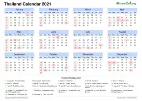 Calendar Horizintal Month Week Grid Sun Sat National Holiday Thailand Landscape 2021