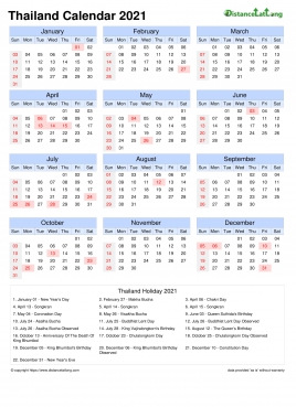 Calendar Horizintal Month Week Grid Sun Sat National Holiday Thailand Portrait 2021