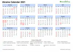 Calendar Horizintal Month Week Grid Sun Sat National Holiday Ukraine Landscape 2021