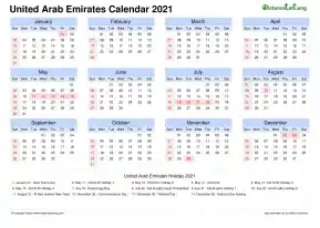 Calendar Horizintal Month Week Grid Sun Sat National Holiday United Arab Emirates Landscape 2021