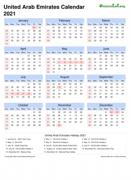 Calendar Horizintal Month Week Grid Sun Sat National Holiday United Arab Emirates Portrait 2021