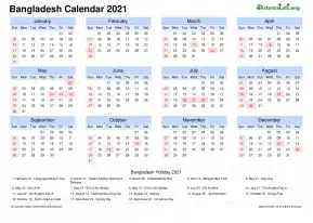 Calendar Horizintal Month Week Grid Sun Sat Public Holiday Bangladesh Landscape 2021