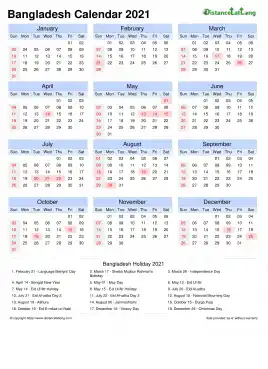 Calendar Horizintal Month Week Grid Sun Sat Public Holiday Bangladesh Portrait 2021