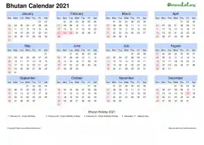Calendar Horizintal Month Week Grid Sun Sat Public Holiday Bhutan Landscape 2021