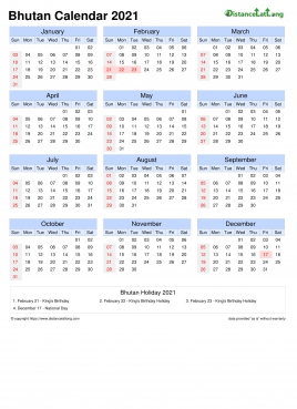 Calendar Horizintal Month Week Grid Sun Sat Public Holiday Bhutan Portrait 2021