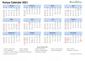 Calendar Horizintal Month Week Grid Sun Sat Public Holiday Kenya Landscape 2021