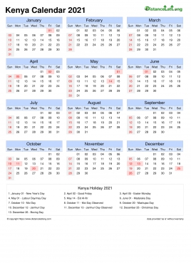 Calendar Horizintal Month Week Grid Sun Sat Public Holiday Kenya Portrait 2021