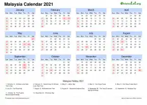 Calendar Horizintal Month Week Grid Sun Sat Public Holiday Malaysia Landscape 2021