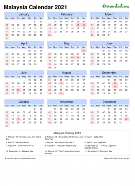 Calendar Horizintal Month Week Grid Sun Sat Public Holiday Malaysia Portrait 2021