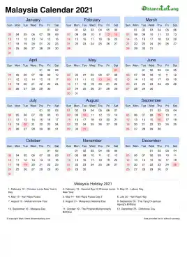 Calendar Horizintal Month Week Grid Sun Sat Public Holiday Malaysia Portrait 2021