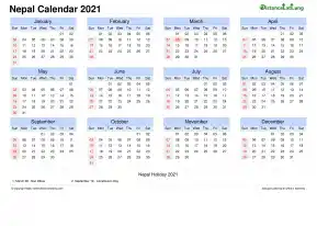 Calendar Horizintal Month Week Grid Sun Sat Public Holiday Nepal Landscape 2021