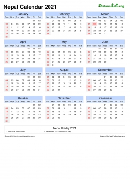Calendar Horizintal Month Week Grid Sun Sat Public Holiday Nepal Portrait 2021