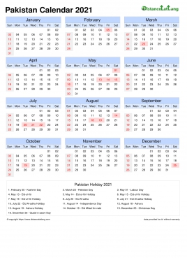 Calendar Horizintal Month Week Grid Sun Sat Public Holiday Pakistan Portrait 2021