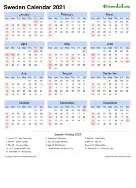 Calendar Horizintal Month Week Grid Sun Sat Public Holiday Sweden Portrait 2021