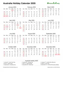 Calendar Horizintal Month Week Underline Sun Sat Holiday Australia Portrait 2020