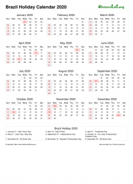Calendar Horizintal Month Week Underline Sun Sat Holiday Brazil Portrait 2020